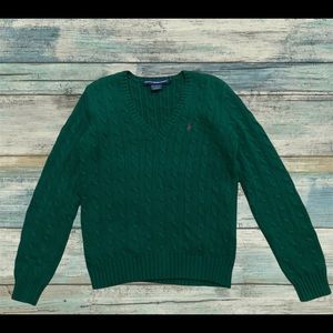 WOMENS LARGE Ralph Lauren Sport Green Knitted V Neck Sweater Pink Pony